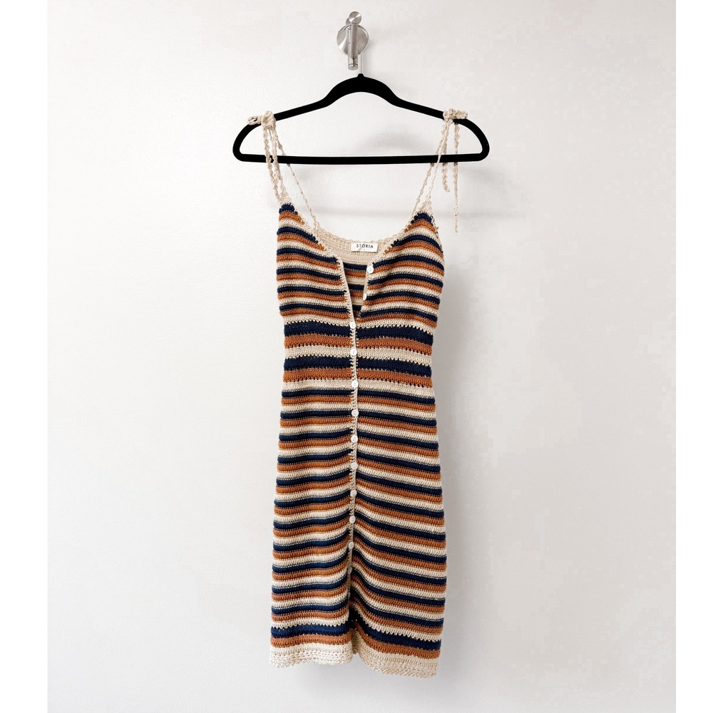 Storia Striped Crochet Mini‎ Dress Small Navy Rust Cream Button Front Tie Strap